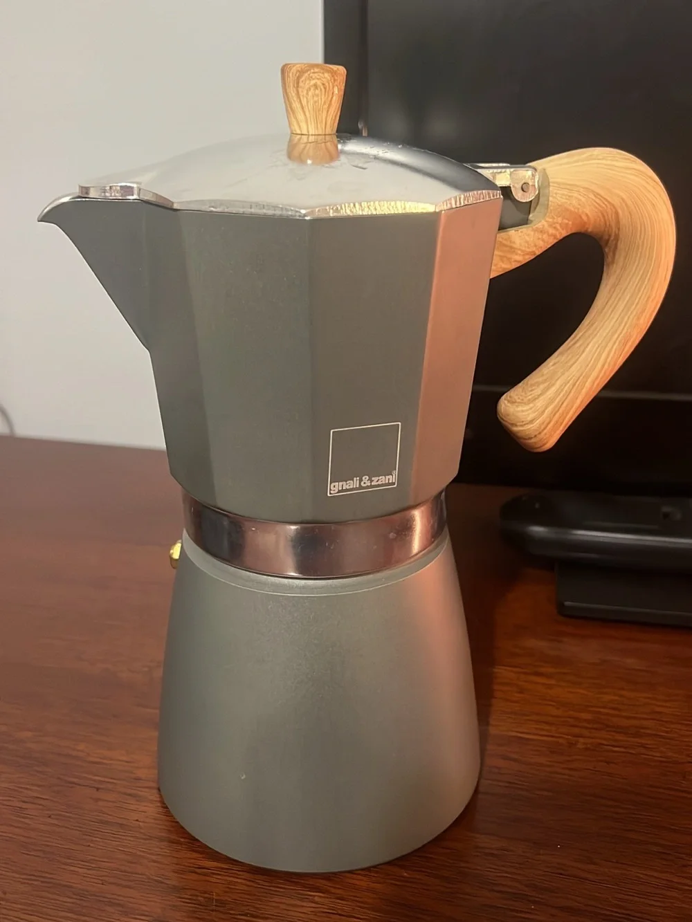 Gray Stovetop Espresso Maker with Wood-Tone Handle